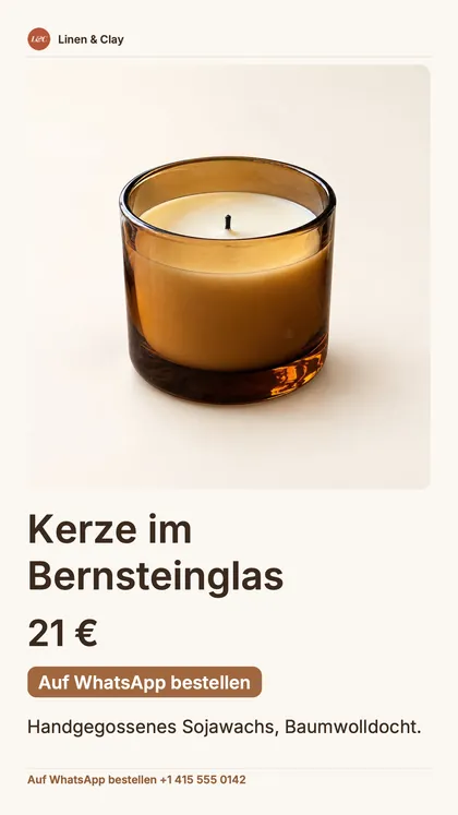 Post im Story-Format für ein Produkt: der Shop-Name, ein großes Kerzenfoto, der Preis, ein Button „Auf WhatsApp bestellen“ und die WhatsApp-Nummer.