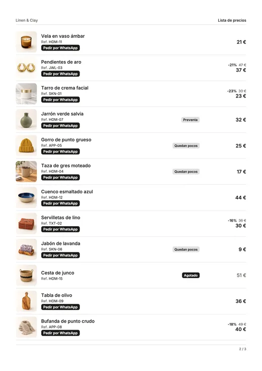 Página de lista de precios: una fila por producto con una foto pequeña, la referencia, etiquetas de disponibilidad, precios y un botón «Pedir por WhatsApp».