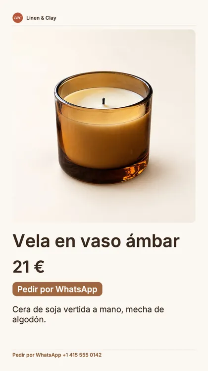 Publicación en formato historia de un producto: el nombre de la tienda, una gran foto de la vela, el precio, un botón «Pedir por WhatsApp» y el número de WhatsApp.