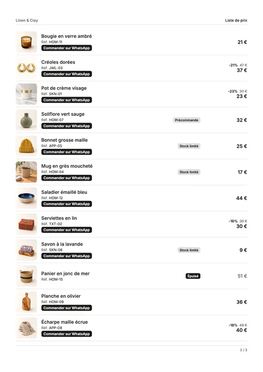 Page de liste de prix : une ligne par produit avec une petite photo, la référence, des badges de stock, les prix et un bouton « Commander sur WhatsApp ».