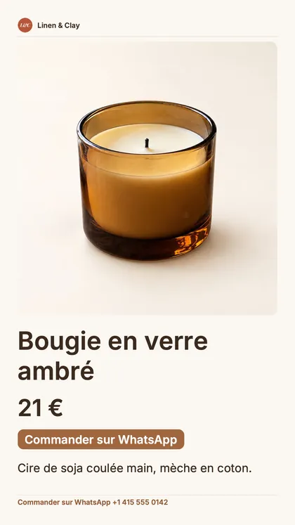 Publication au format story pour un produit : le nom de la boutique, une grande photo de bougie, le prix, un bouton « Commander sur WhatsApp » et le numéro WhatsApp.