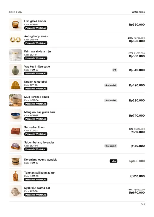Halaman daftar harga: satu baris per produk dengan foto kecil, kode produk, label stok, harga, dan tombol “Pesan via WhatsApp”.