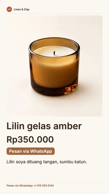 Postingan ukuran story untuk satu produk: nama toko, foto lilin yang besar, harga, tombol “Pesan via WhatsApp”, dan nomor WhatsApp.