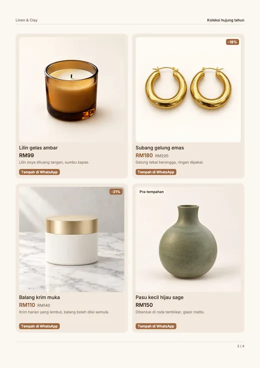 Halaman katalog dengan empat contoh produk, setiap satu dengan foto, nama, harga, lencana diskaun atau stok dan butang “Tempah di WhatsApp”.