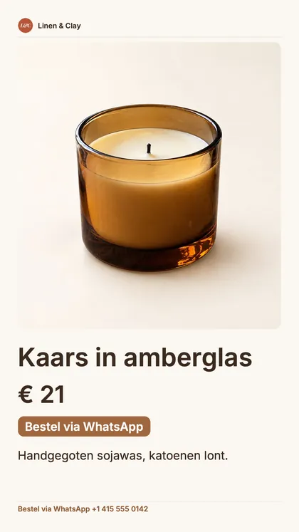 Post in storyformaat van één product: de winkelnaam, een grote foto van de kaars, de prijs, een knop “Bestel via WhatsApp” en het WhatsApp-nummer.