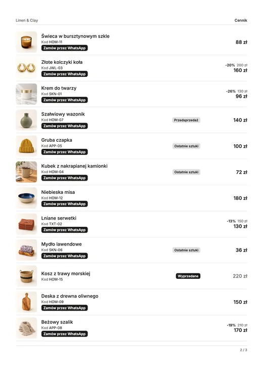 Strona cennika: wiersz na każdy produkt z małym zdjęciem, kodem produktu, plakietkami stanu magazynowego, cenami i przyciskiem „Zamów przez WhatsApp”.