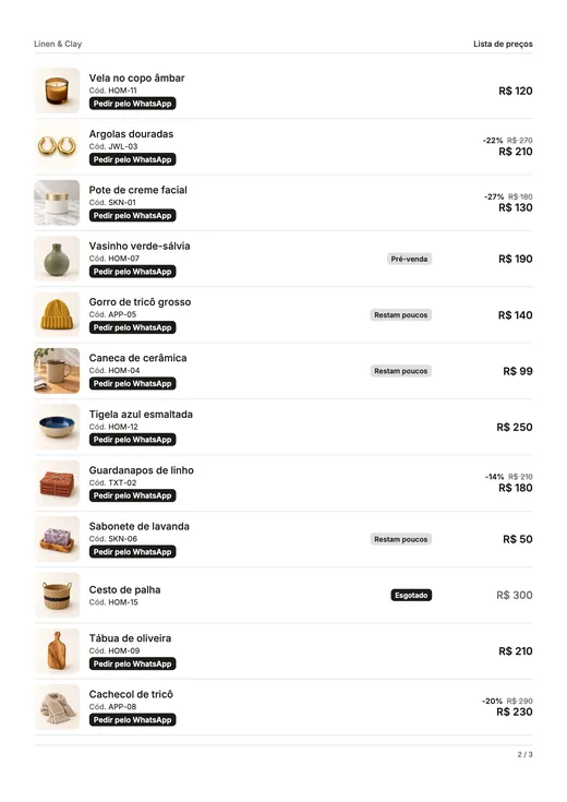 Página de lista de preços: uma linha por produto com foto pequena, código do produto, selos de estoque, preços e um botão “Pedir pelo WhatsApp”.