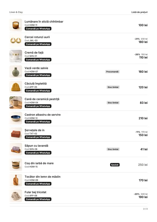 Pagină de listă de prețuri: câte un rând pe produs, cu o poză mică, codul produsului, etichete de stoc, prețuri și un buton „Comandă pe WhatsApp”.