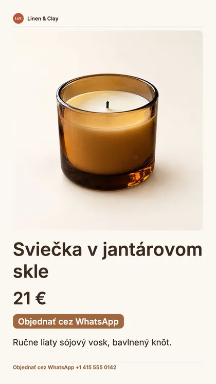 Príspevok vo veľkosti story s jedným produktom: názov obchodu, veľká fotka sviečky, cena, tlačidlo „Objednať cez WhatsApp“ a číslo WhatsApp.