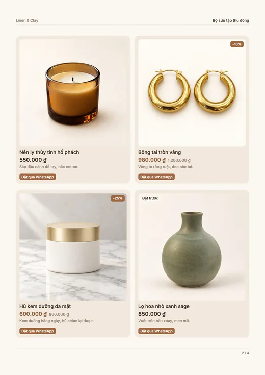 Trang catalog với bốn sản phẩm mẫu, mỗi món có ảnh, tên, giá, nhãn giảm giá hoặc tồn kho và nút “Đặt qua WhatsApp”.