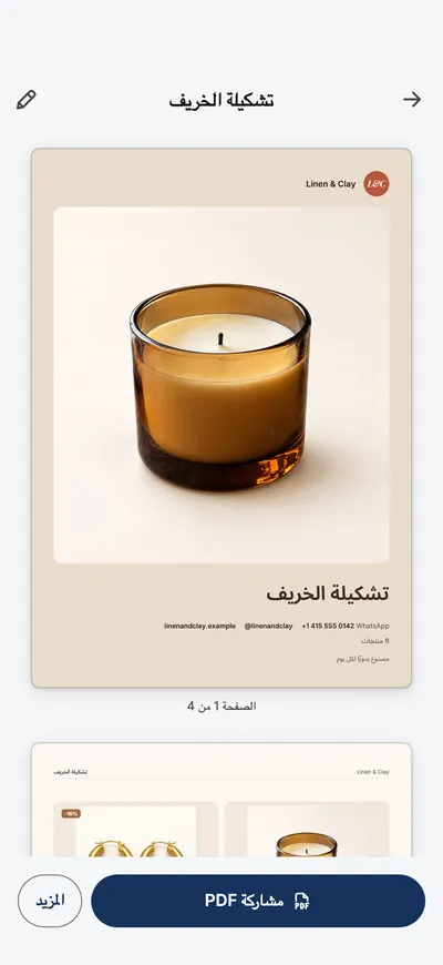 معاينة الكتالوج في التطبيق مع صفحة الغلاف وزر مشاركة PDF.