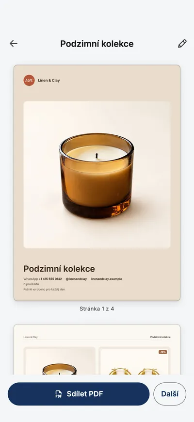 Náhled katalogu v aplikaci s titulní stranou a tlačítkem Sdílet PDF.