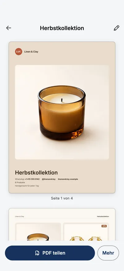 Die Katalogvorschau der App mit dem Titelblatt und einem Button „PDF teilen“.
