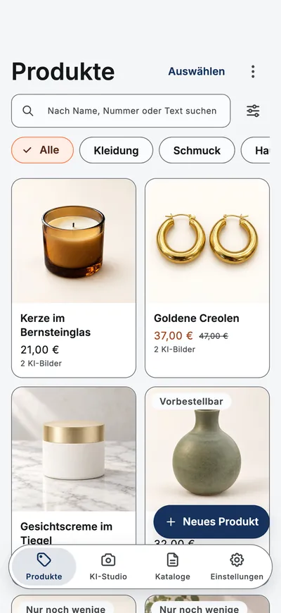 Der Bildschirm „Produkte“ der App: ein Raster aus Produkten mit Fotos, Preisen und Kategoriefiltern.