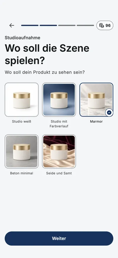 Die App fragt, wo das Produkt fotografiert werden soll, und zeigt Szenen-Vorschaubilder zur Auswahl.