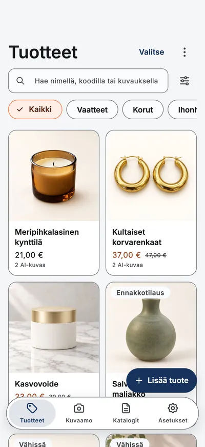 Sovelluksen Tuotteet-näkymä: ruudukko tuotteita kuvineen ja hintoineen sekä kategoriasuodattimet.