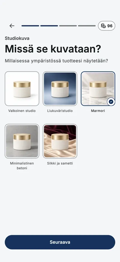 Sovellus kysyy, missä tuote kuvataan, ja näyttää valittavat ympäristöt pikkukuvina.