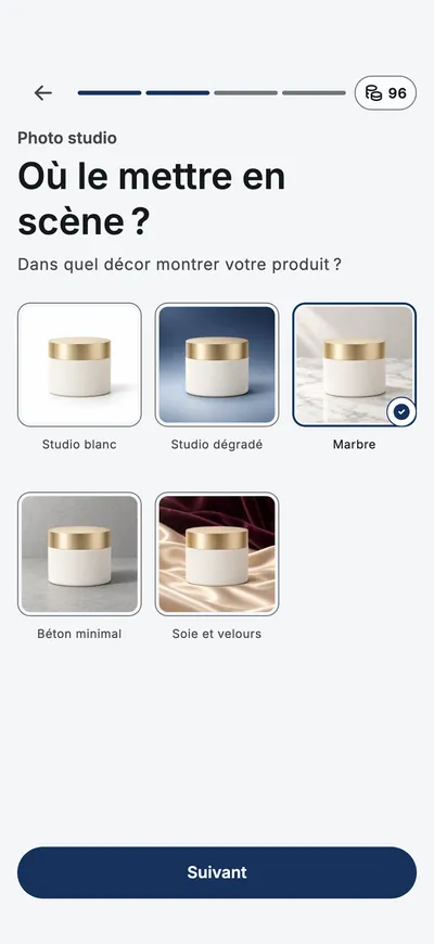 L’app demande où photographier le produit, avec des miniatures de scènes au choix.