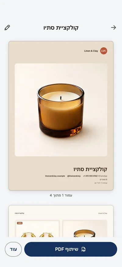 תצוגה מקדימה של הקטלוג באפליקציה, עם עמוד השער וכפתור שיתוף PDF.