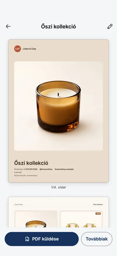 Az app katalógus-előnézete a borítóoldallal és egy PDF megosztása gombbal.