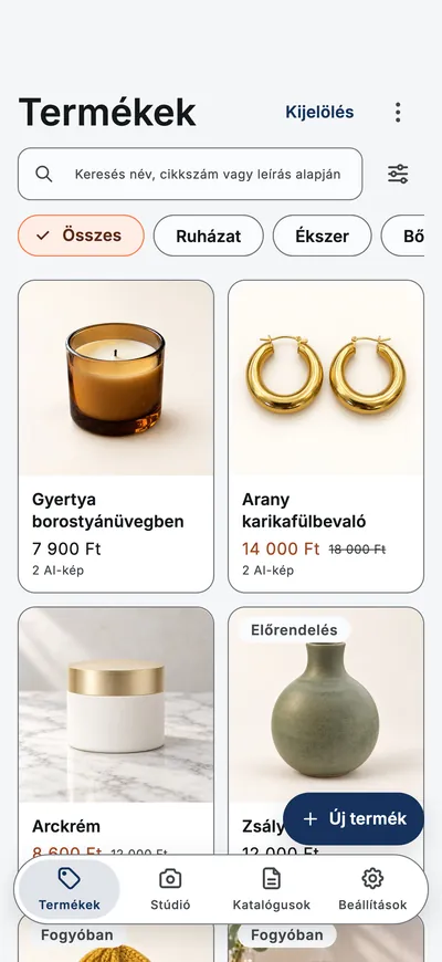 Az app Termékek képernyője: termékek rácsa fotókkal, árakkal és kategóriaszűrőkkel.