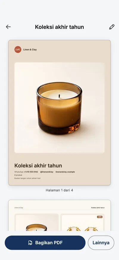 Pratinjau katalog di aplikasi dengan halaman sampul dan tombol Bagikan PDF.