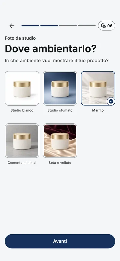 L’app chiede dove fotografare il prodotto, con le miniature delle scene tra cui scegliere.