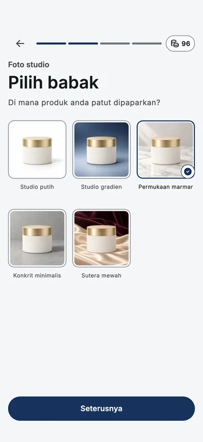 Apl bertanya di mana produk patut dirakam, dengan gambar kecil babak untuk dipilih.