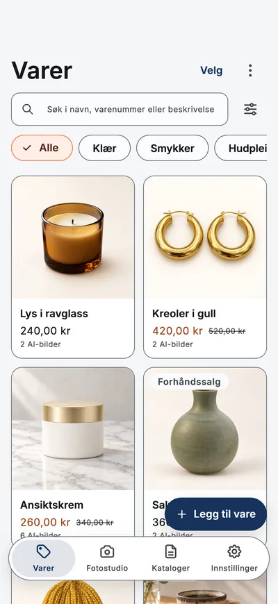 Appens Varer-skjerm: et rutenett av varer med bilder, priser og kategorifiltre.