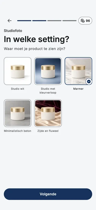 De app vraagt waar het product gefotografeerd moet worden, met scèneminiaturen om uit te kiezen.