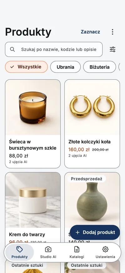Ekran Produkty w aplikacji: siatka produktów ze zdjęciami, cenami i filtrami kategorii.