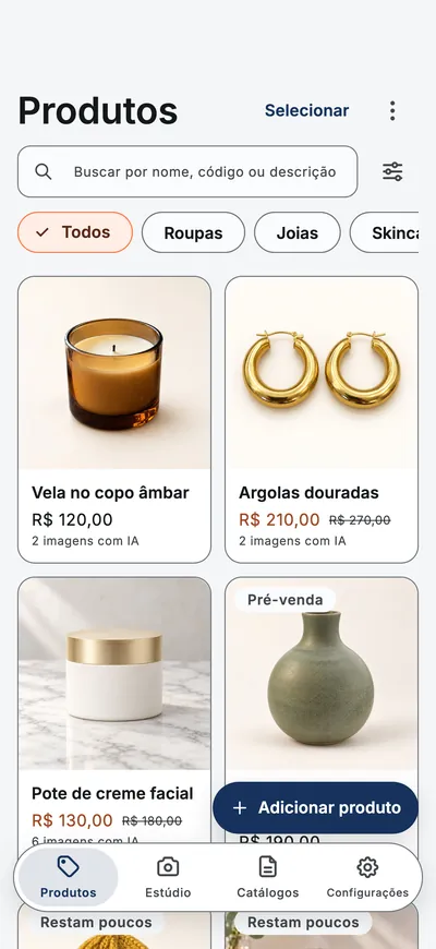 A tela Produtos do app: uma grade de produtos com fotos, preços e filtros por categoria.