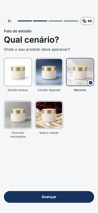 O app perguntando onde o produto deve ser fotografado, com miniaturas de cenas para escolher.
