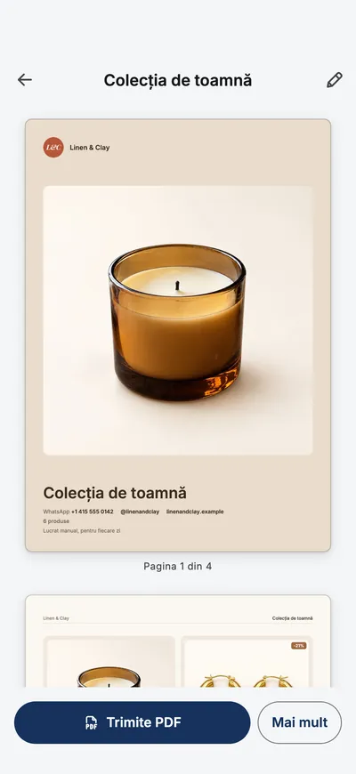 Previzualizarea catalogului în aplicație, cu coperta și un buton Distribuie PDF.