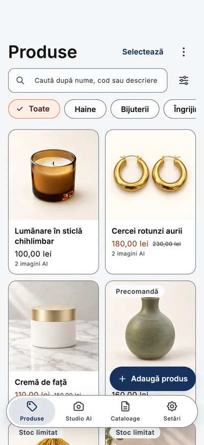 Ecranul Produse din aplicație: o grilă de produse cu poze, prețuri și filtre de categorie.