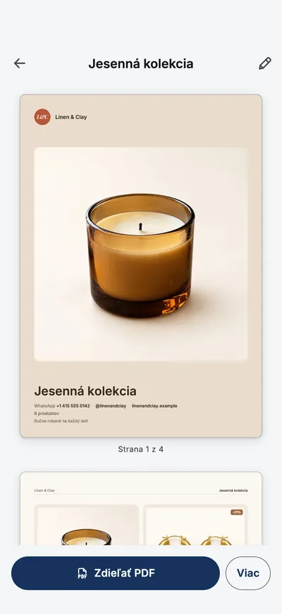 Náhľad katalógu v aplikácii s titulnou stranou a tlačidlom Zdieľať PDF.