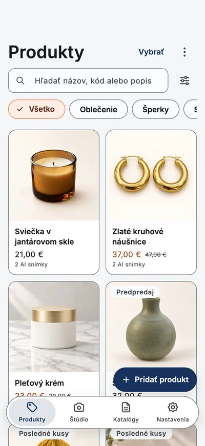 Obrazovka Produkty v aplikácii: mriežka produktov s fotkami, cenami a filtrami kategórií.