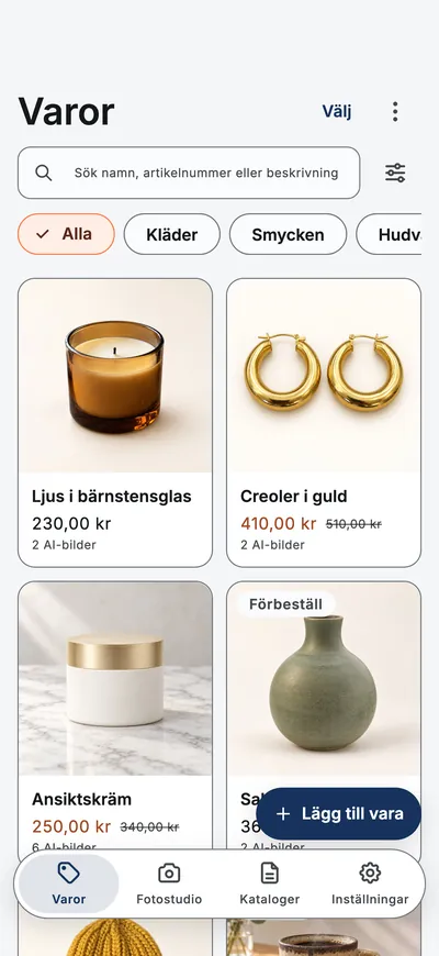 Appens skärm Varor: ett rutnät med varor, foton, priser och kategorifilter.