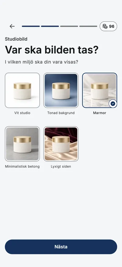 Appen frågar var varan ska fotograferas, med miniatyrer av miljöer att välja bland.
